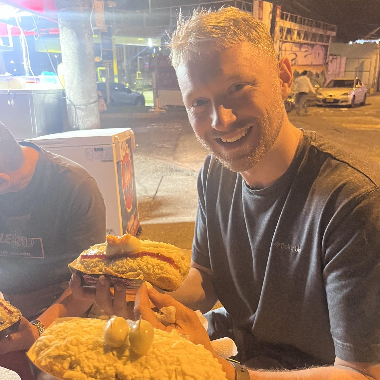 Max's first Colombian perro caliente (hot dog)!