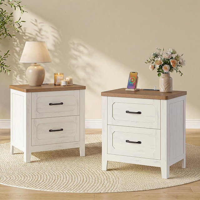 PIXOURA Farmhouse Nightstand Set of 2 with Charging Station, 22'' Wide Bedside Table with 2 Drawers & Metal Handle, Wood Night Stand End Side Table with Storage for Bedroom, Rustic White