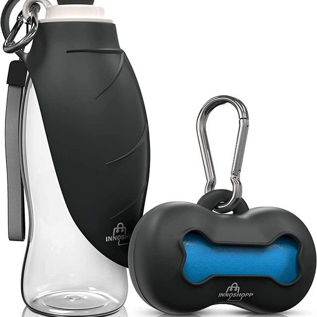 Dog Water Bottle - Portable Travel Dog Water Dispenser Including Carabiner & Waste Bag Dispenser - Leak Proof & BPA Free Dogs Drinking Bottle for Walking, Hiking & Travel(Black) by Innoshopp