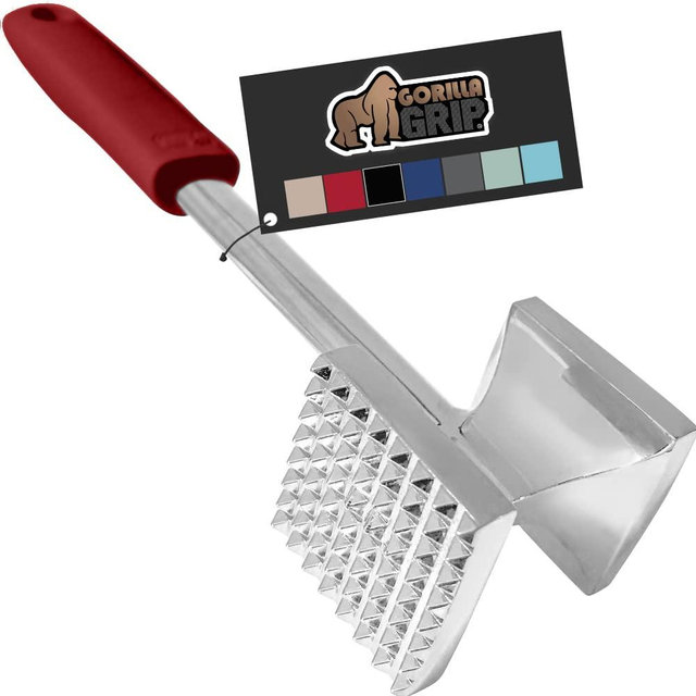 Gorilla Grip Heavy Duty Meat Tenderizer, Oversized Kitchen Mallet, Soft Grip Handle, Tool Maximizes Food Flavor, Spiked Side Tenderizes, Flat Smooth Flattens Steak, Pound Beef, Commercial Grade, Red