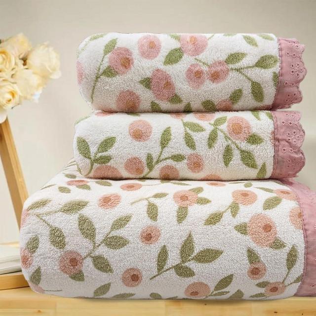 ABREEZE Floral Bath Towel Set,3 pcs,Coral Velvet Soft Absorbent Towels for Valentine's Day (1 Bath Towel,2 Hand Towels)