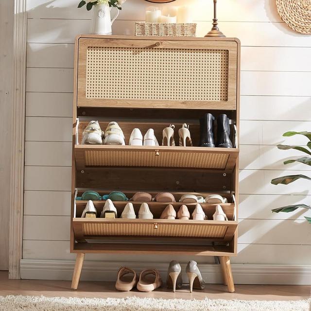 Hommoo Shoe Cabinet Shoe Storage Organizer with 3 Rattan Flip Drawers Hidden Shoe Rack for Entryway Hallway Living Room Free Standing Narrow Shoe Storage Cabinet with Wood Legs Natural
