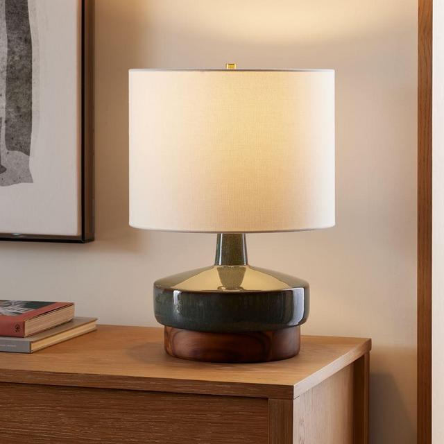Wood And Ceramic Table Lamp, Small, Reactive Dark Blue, Burnt Wax