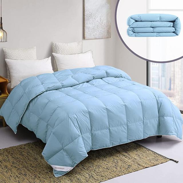 SNOWMAN Lightweight Feather Down Comforter Queen All-Season Duvet Insert, Queen Comforter with 8 Tabs,100% Cotton Cover, Medium Warmth Fluffy Comforter (Blue, Queen)