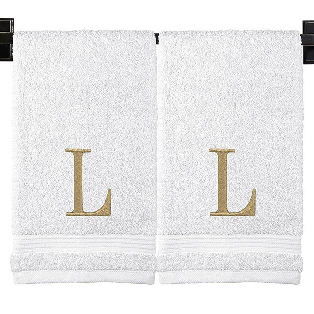 Custom Luxury Towels White Hand Towels for Bathroom with Monogram | Luxury Cotton Turkish Towels | Embroidered in USA | Set of 2 | Choose Set Color and Letter | A - Z | Modern Font