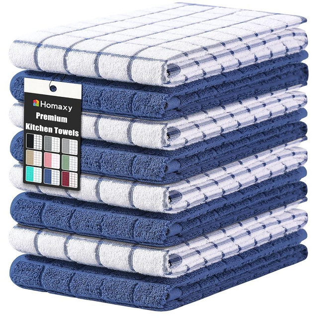 Homaxy Premium Cotton Kitchen Towels 16"x 28", Large Natural Ring Spun 390 GSM Dish Towels, Super Absorbent Terry Kitchen Hand Towels, Soft Tea Towels with Hanging Loop, Navy Blue Check Design, 8 Pack