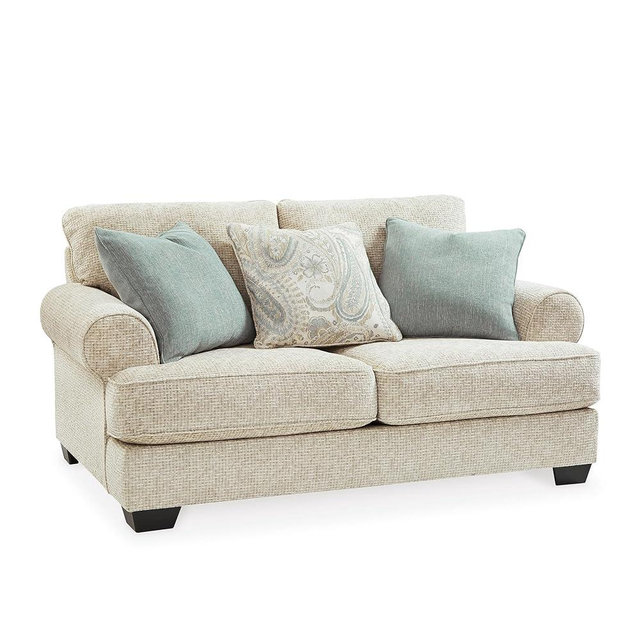 Signature Design by Ashley Monaghan Vintage Loveseat with Accent Pillows, Reversible Cushions and Rolled Arms, Beige