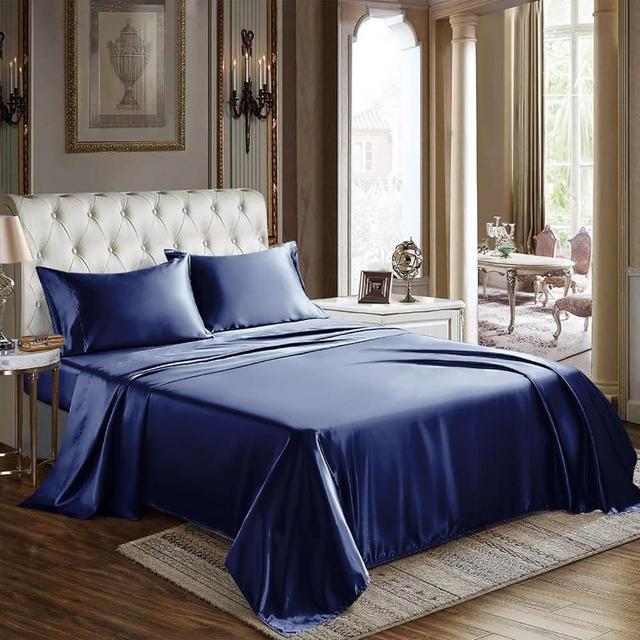 CozyLux Satin Sheets Queen Size - 4 Piece Navy Blue Bed Sheet Set with Silky Microfiber, 1 Deep Pocket Fitted Sheet, 1 Flat Sheet, and 2 Pillowcases - Smooth and Soft