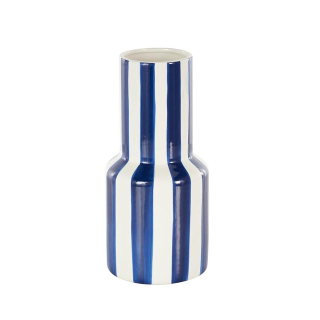 Deco 79 Ceramic Decorative Vase Round Centerpiece Vase with Blue Vertical Stripes, Flower Vase for Home Decoration 5" x 5" x 11", White