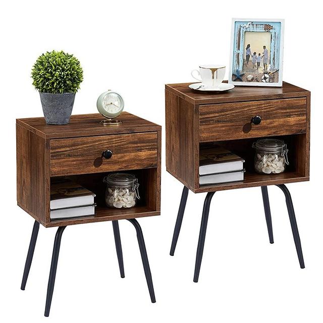 VECELO Nightstand Set of 2 Easy Assembly, 2-Tier Modern Night Stand/Side Table with Drawer and Storage Shelf for Small Places, Bedroom, Living Room, 23.6 Inch, Brown