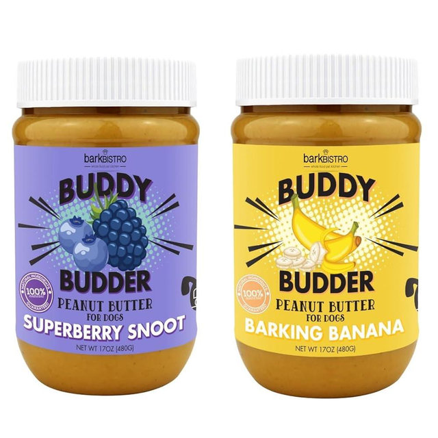 Superberry Snoot + Barkin Banana Buddy Budder, 100% Natural Dog Peanut Butter, Dog Treat, Made in USA (Set of 2, 17oz)
