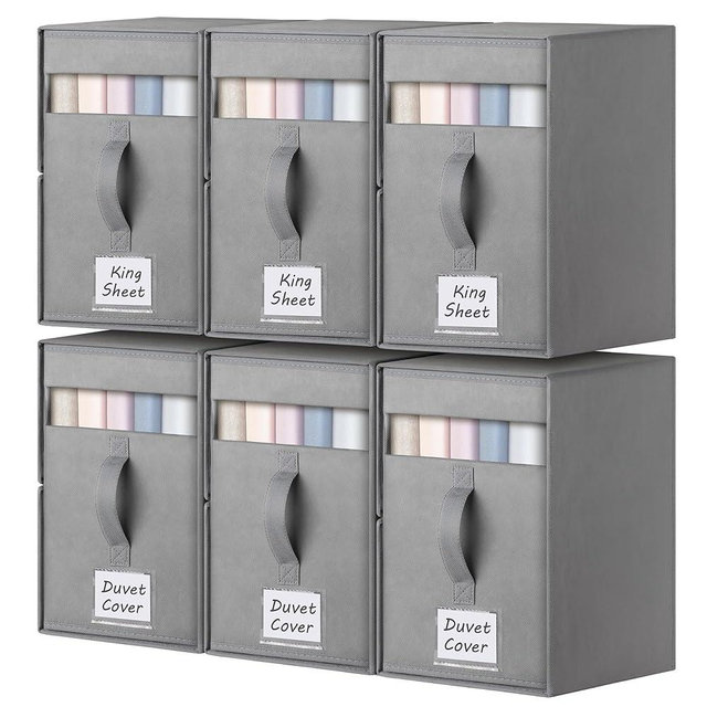 FGNTWP 6 Pack Large Bed Sheet Organizers and Storage, (King & Queen Size) Sheet Organizer for Linen Closet, Foldable Bedding Storage Box with Window for Bedsheets, Blanket, Duvet Cover Grey