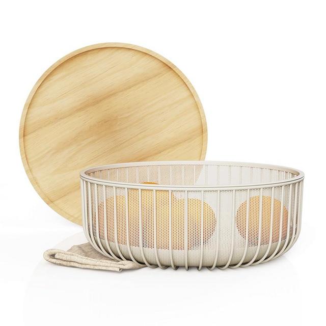 Libken Metal Wire Mesh Fruit Baskets with Wooden Lid - Fly-Proof Indoor Solution for Fresh Fruits - Covered Fruit Bowl - Produce Cover Against Flies for Vegetables - Warm Gray