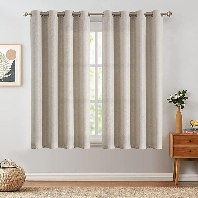 jinchan Thermal Insulated Faux Linen Room Darkening Curtains for Bedroom 63 inch Long Living Room Linen Textured Curtain (Greyish Beige, One Panel)