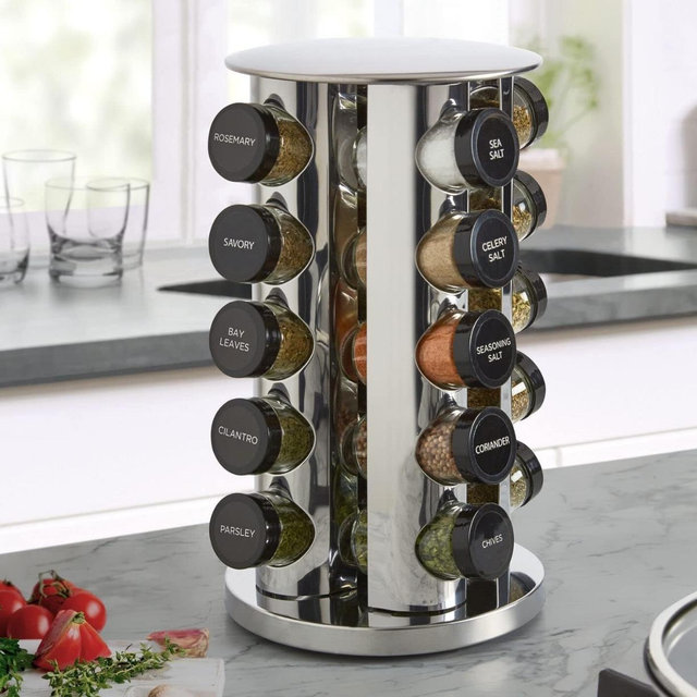 Kamenstein 20 Jar Revolving Countertop Spice Rack with Spices Included, FREE Spice Refills for 5 Years, Polished Stainless Steel with Black Caps, 30020