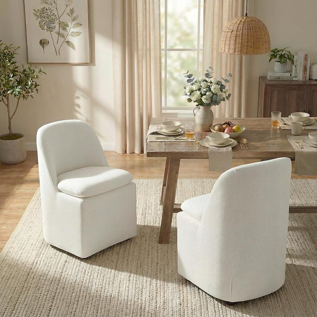 KISLOT Upholstered Dining Chairs with Casters, Washable Cover Modern Dining Room Chairs with Thick Cushion & Sturdy Metal Frame for Kitchen, Living Room, Dressing Room, Linen Fabric, Set of 2