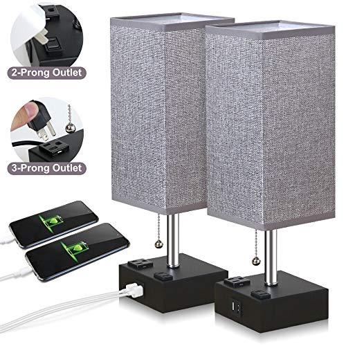 ZEEFO USB Table Lamp, Gray Square Fabric Shade Bedside Table Lamp with Two AC Outlet & Fast Dual USB Charging Ports, Modern Design Desk Lamp Ideal for Bedroom,Office,Guest Room, Kids Room (Set of 2)