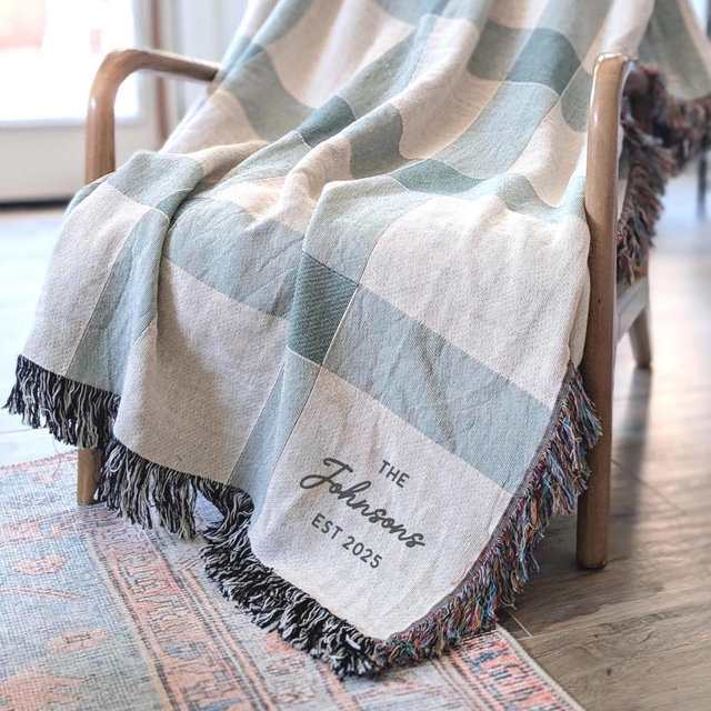 Custom Woven Throw Blanket | Plaid Checkered, Unique Gift for Wedding Engagement Cotton Anniversary Keepsake, Family or Couple Last Name