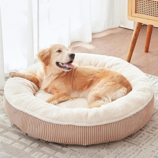 BedStill 36 inches Donut Dog Bed for Large Dogs - Calming Round Pet Bed with Removable&Washable Cover, Plush Faux Fur & Corduroy, Fits Pets up to 80 lbs(Brown,Large)