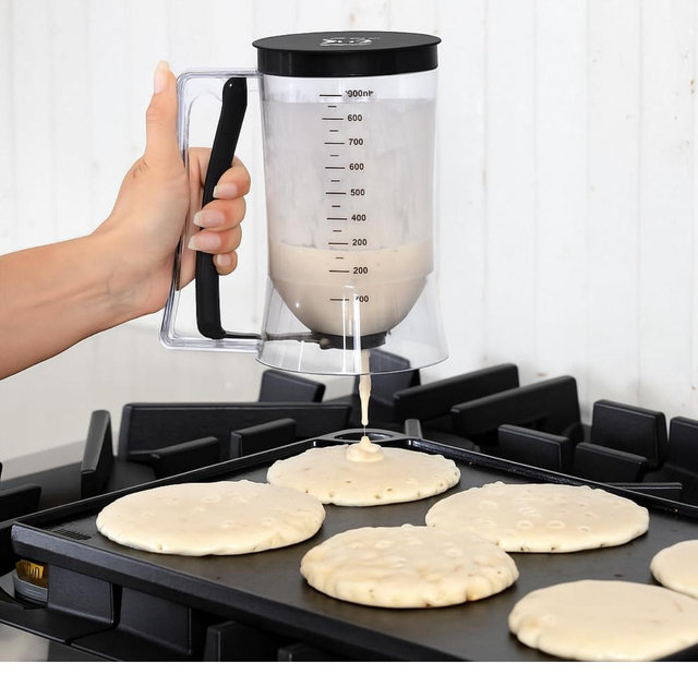 Pancake Batter Dispenser - Kitchen Must Have Tool for Perfect Pancakes, Cupcake, Waffle, Muffin Mix, Cake & Crepe - Easy Pour Baking Supplies for Griddle - Pancake Maker with Measuring Label (Black)