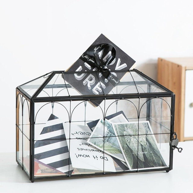 Sanllusit Wedding Card Box with Slot, 12.6'' Large Glass Card Boxes for Reception, Black Geometric Holder, Clear Decorative Storage Box with Lock for Baby Shower, Birthday Party, Christmas