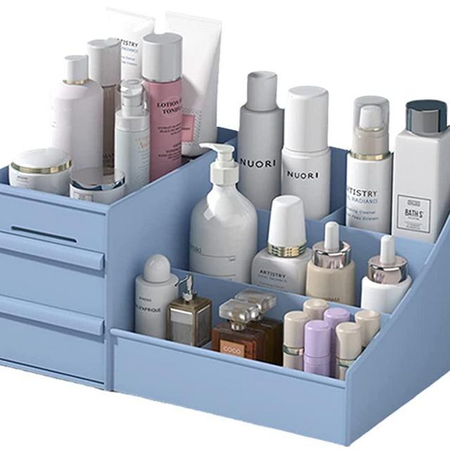 XIOU Makeup Desk Organizer with Drawers - Countertop Organizer for Cosmetics, Vanity Holder for Lipstick, Brushes, Lotions, Eyeshadow, Nail Polish and Jewelry (Blue)