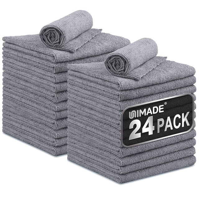 UNIMADE Microfiber Cleaning Cloth, 24 Pack Reusable Microfiber Towels for Cars Lint Free Cleaning Shop Towel Rags for Home Kitchen Automotive Bar Mechanic Restaurant Garage, 11"x 12", Grey