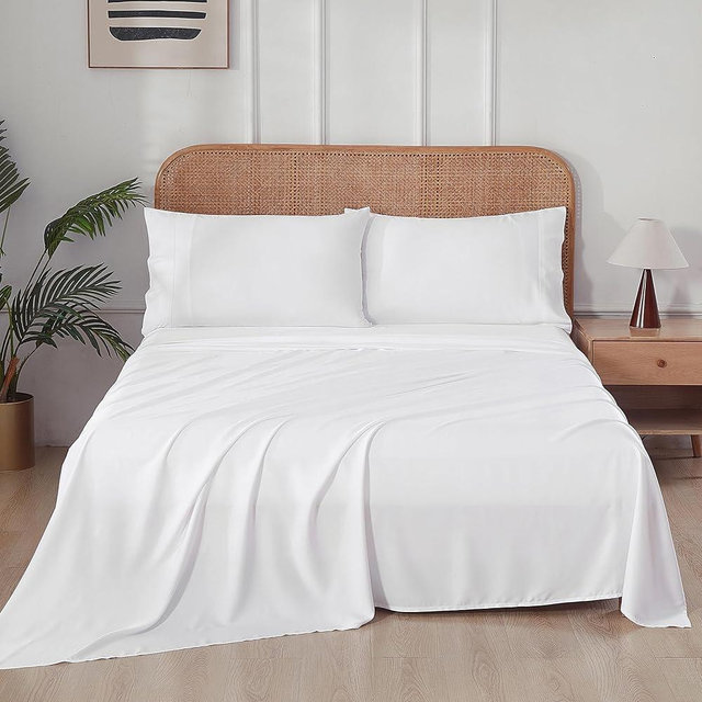 Zaizaihome 100% Bamboo Viscose Queen Sheet Set, 400 Thread Count, Cooling Sheets for Hot Sleepers, 16" Deep Pocket, Ultra Soft Breathable & Hotel Luxury Silky Bed Sheets, 4 Pieces, Queen, White