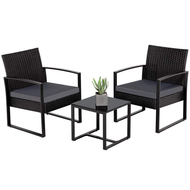 YAHEETECH 3 Pieces Patio Furniture Sets Indoor Outdoor Wicker Modern Bistro Set Rattan Chair Conversation Sets Gray Cushion with Coffee Table