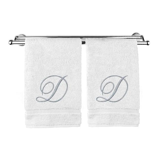 Monogrammed Hand Towel, Personalized Gift, 16 x 30 Inches - Set of 2 - Silver Embroidered Towel - Extra Absorbent 100% Turkish Cotton- Soft Terry Finish - For Bathroom, Kitchen and Spa- Script D White