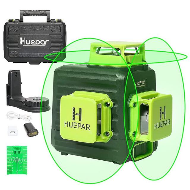 Huepar 3D Cross Line Self-leveling Laser Level 3 x 360 Green Beam Three-Plane Leveling and Alignment Laser Tool, Li-ion Battery with Type-C Charging Port & Hard Carry Case Included - B03CG Pro