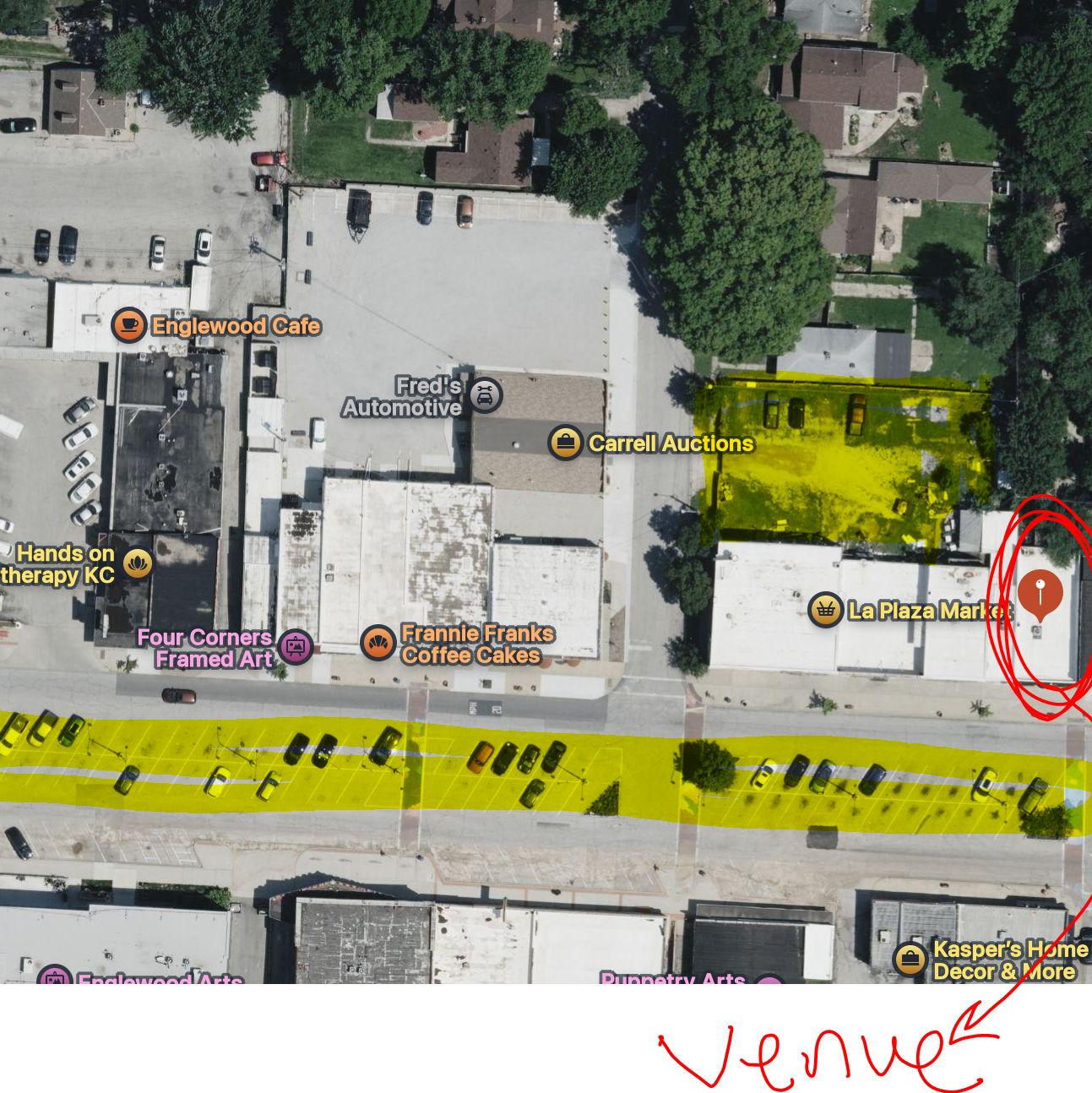 The circled area is the venue itself. The highlighted areas are parking, it is recommended to park in the back more than the front.