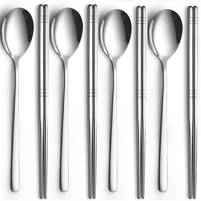 Tiokin 4 Set Korean Chopsticks and Spoons, Stainless Steel Metal Set, Reusable Flat Long Handle Set for Home, Kitchen or Restaurant