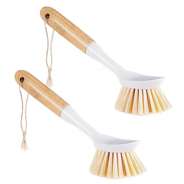 Dish Brush with Bamboo Handle, 2 Pack Dish Scrubber Brushes, Kitchen Scrub Cleaning Brush for Dishes, Pot, Pans, Cast Iron Skillet, Bottle, Sinks, Kitchen, Bathroom and House Cleaning