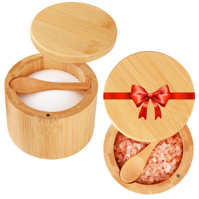 Timtopno Bamboo Salt Cellar, 2 PCS Salt Container with Built-in Spoon, Salt Box Bowl with Magnetic Swivel Lid, Elegant Kitchen Salt Holder Saver Jar to Storage Pepper Spice Sea Salt for Countertop