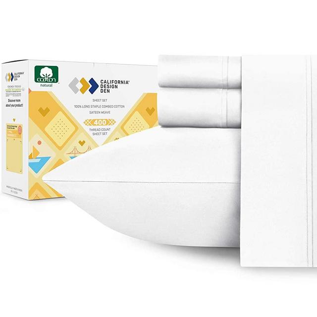 400-Thread-Count California-King Sheets and Pillowcases Set, Pure White 100% Natural Long Staple Combed Cotton 4 Piece Bed Sheet for Bed, Silky Sateen Weave, Breathable Bedding Set