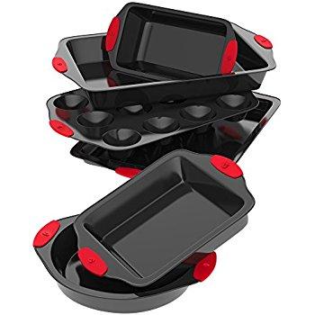 Vremi 6 Piece Nonstick Bakeware Set - Baking Sheet with Cake Loaf and Muffin Pans and Square Baking Pan - also has Large Roasting Pan - Non Stick Carbon Steel Metal Bakeware with Red Silicone Handles