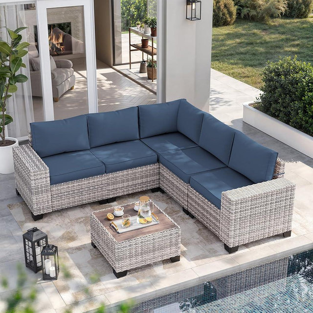 Muphyers 6-Piece Outdoor Patio Furniture Set Wicker Rattan Sectional Sofa Set, Patio Conversation Set with Thickened Cushions & Coffee Table for Garden, Backyard, Navy Blue