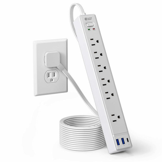 Flat Plug Surge Protector Power Strip, 6ft Ultra Thin Extension Cord with 3 USB, SUPERDANNY 6 Outlets Charging Station, Wall Mountable Outlet Extender for Home Office, College Dorm Room