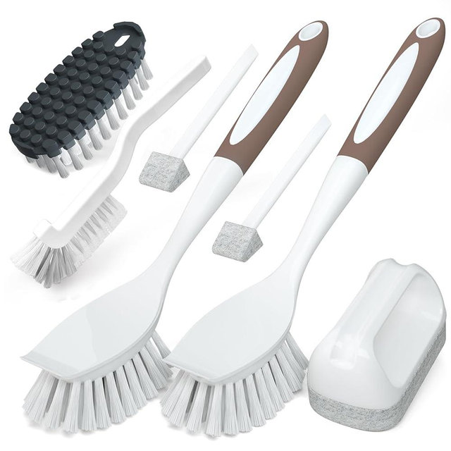 Holikme 7 Pack Dish Cleaning Brush & Pad Set, Dish Scouring Pad for Cleaning, Scouring Pad & Kitchen Scrub Brush & Bendable Clean Brush & Groove Gap Brush for Dish, Pot, Pan, Kitchen Sink (Brown)