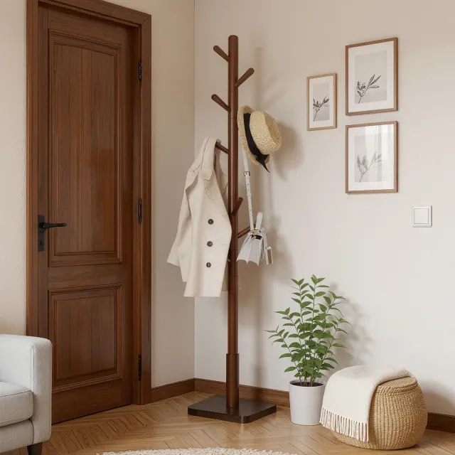Premium Solid Wood Coat Rack: Easy Assembly, Adjustable Height, Elegant Hall Organizer with 8 Hooks