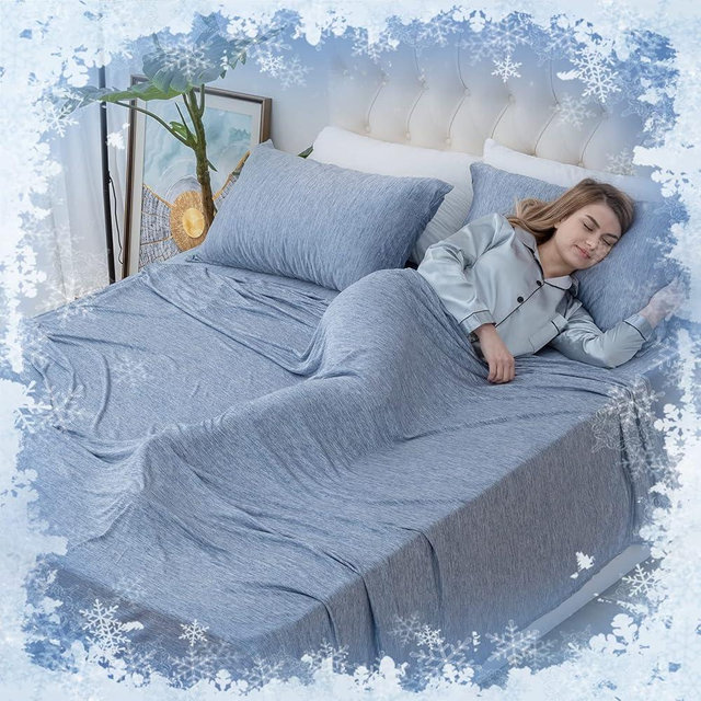 OMERAI Cooling Sheets Queen Size Set, Bed Sheets for Hot Sleeper Breathable, Q-MAX>0.45 Cooling Blanket 4 Pcs, 1 Flat Sheet, 1 Fitted Sheet, 2 Pillowcases, Luxury Smooth Soft, Blue