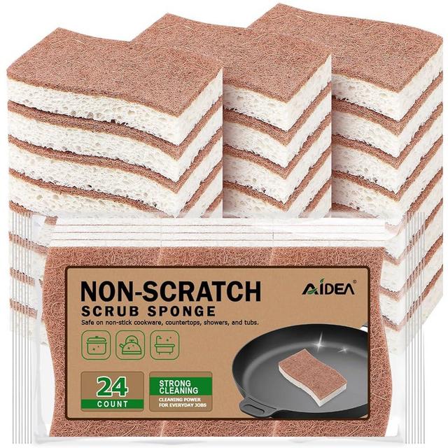 AIDEA Non-Scratch Scrub Sponge-24Count, Natural Sponges for Non-Stick Cookware, Kitchen Sponges, Cellulose Sponges for Dishes, Cleaning Sponge for Kitchen, Bathroom, Household