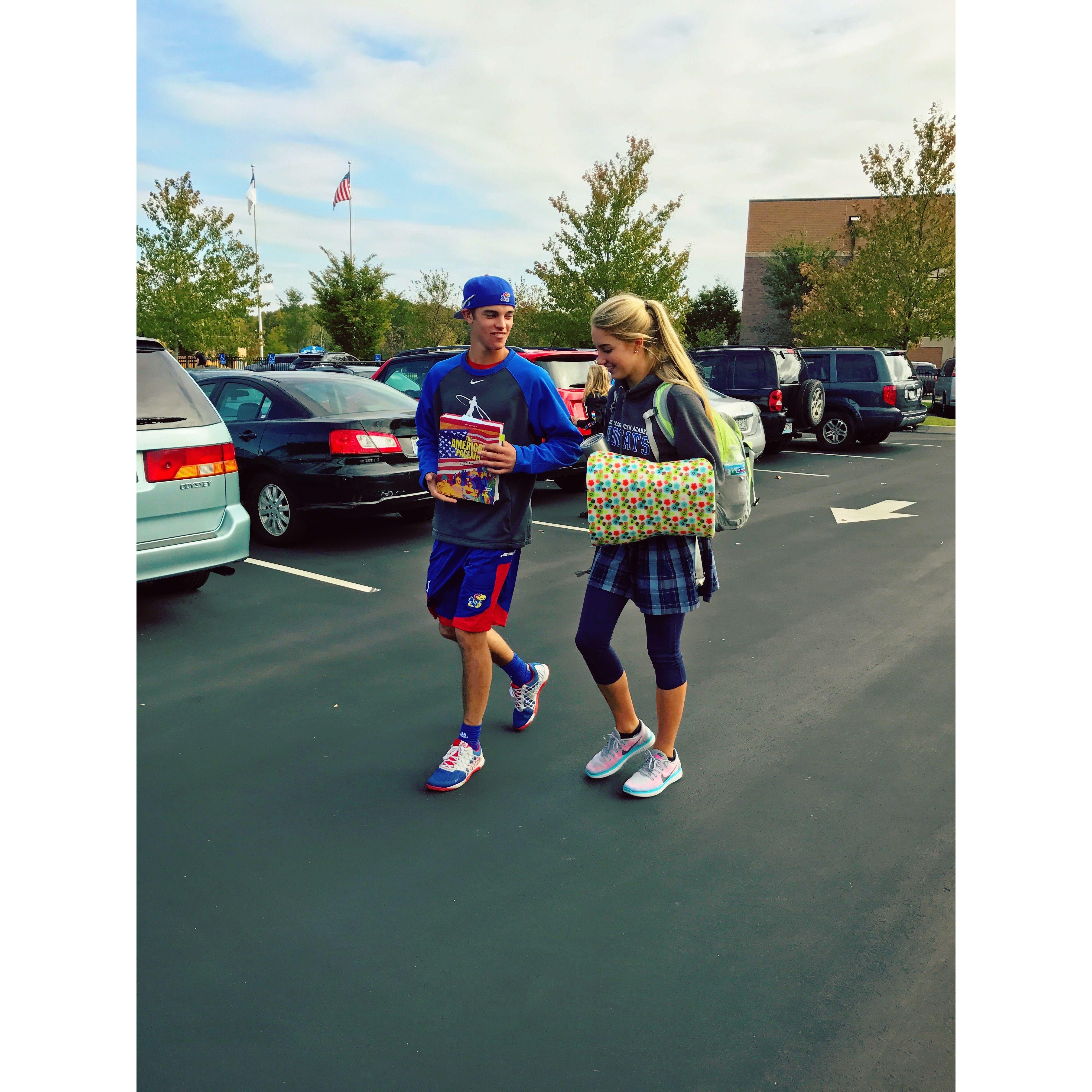 10/14/2016: Jordan (my bridesmaid) snapped this picture of when Ben came to visit me at the end of the school day. He was back from KU for the weekend!
