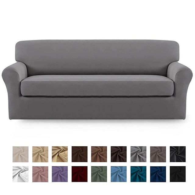 Easy-Going 2 Pieces Microfiber Stretch Sofa Slipcover – Spandex Soft Fitted Sofa Couch Cover, Washable Furniture Protector with Elastic Bottom for Kids,Pet (Sofa, Light Gray)