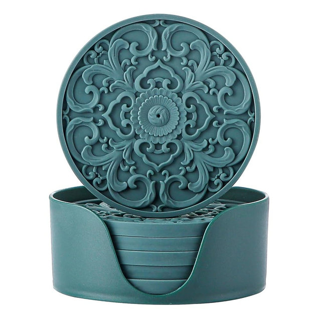 Colinda Silicone Coasters - Set of 6 with Holder, Non-Slip Cup Mats for Hot and Cold Drinks, Decorative Designs, Gift Ready Packaging,Malachite Green