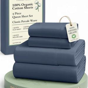 100% Organic Cotton Queen Sheets Set, Fully Elasticized Machine Washable Mercerized Cotton Soft & Comfy Low Pill Fade Resistant Sheets Queen Size Set, Classic Percale Weave- Estate Blue