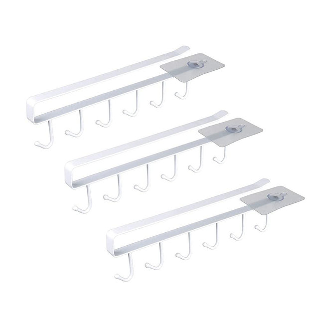 ECROCY Adhesive Cup Holder Under Cabinet - 3pcs x 6 Hook Coffee Cup Mug Holder for Kitchen, Fit for 1 Inch Thickness Shelf or Less - White - Only Fit for Flat Buttom Cabinet Without Any Lip