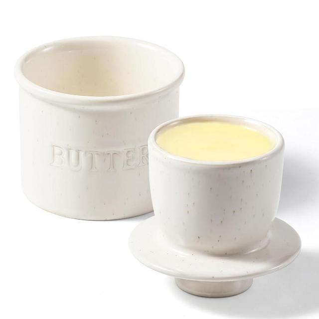Butter Crock Bell with Lid for Countertop - Ceramic French Butter Dish for Spreadable Soft Butter, Butter Container Holder with a Water Seal, Housewarming Gift, Kitchen and Home Decor, Speckled White