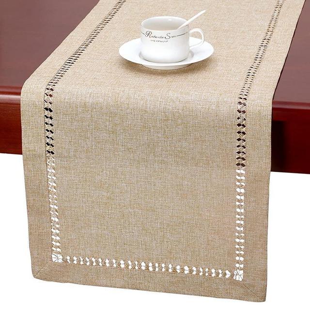 Grelucgo Handmade Hemstitch Beige Table Runner Or Dresser Scarf, Rectangular 14 by 60 Inch